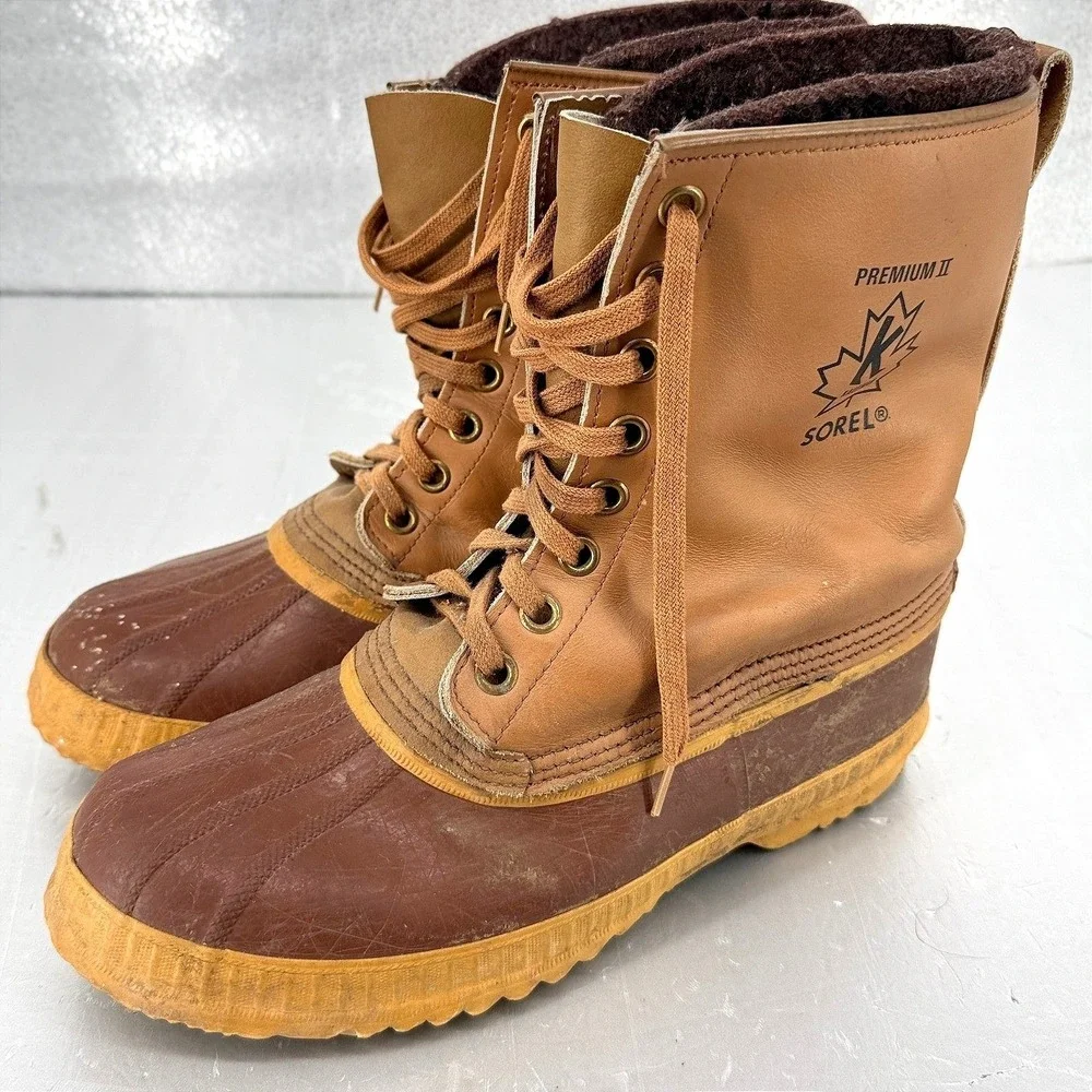 Sorel Premium II Mens 10 Duck Boots VTG Kaufman Canada Leather Wool Tan Brown